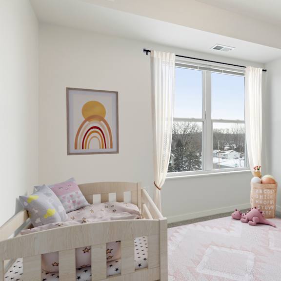 a bedroom with a crib and a dresser and a window