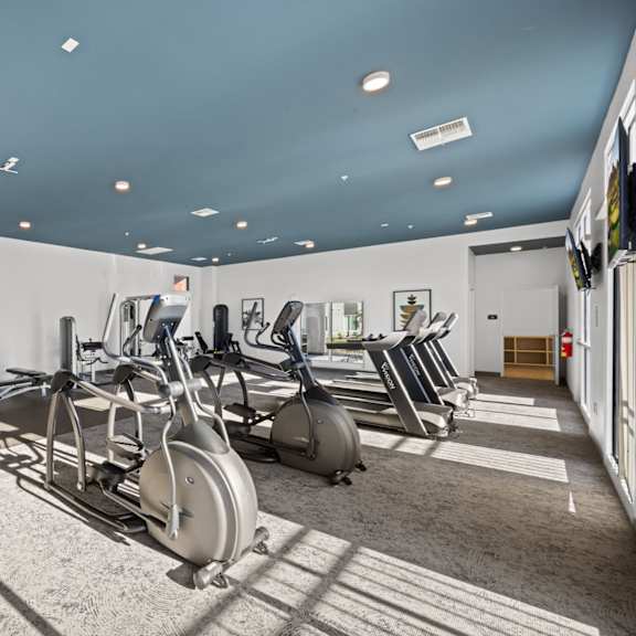 a gym with a row of exercise bikes and a mirrored wall at copa flats apartments, maricopa
