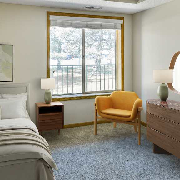 a bedroom with a bed, chair, and painting. at crosby pointe apartments, st. paul , mn
