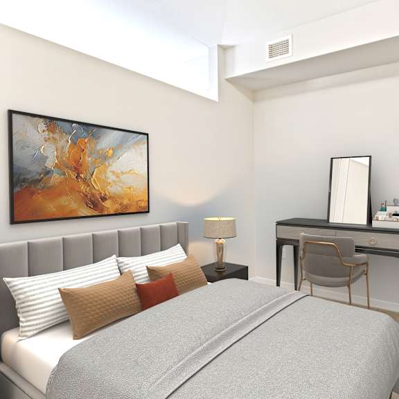a bedroom with a bed and a desk at eastgate apartments, rochester, minnesota