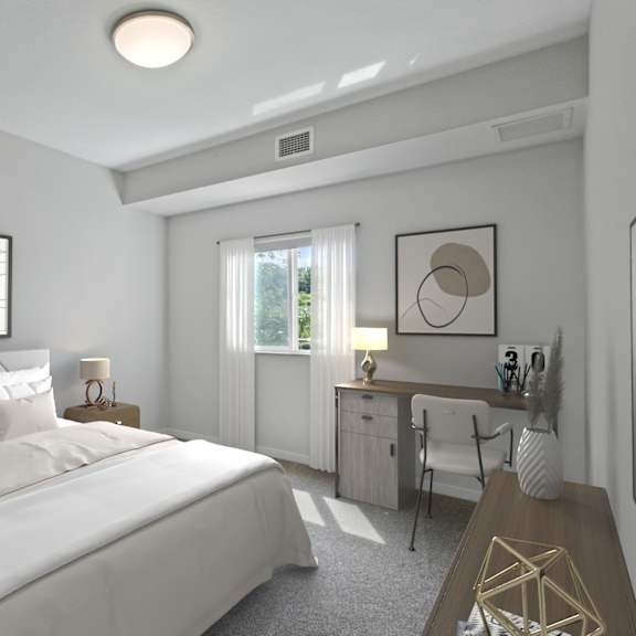 a bedroom with a bed and a desk and a window at eastgate apartments, rochester, 55904