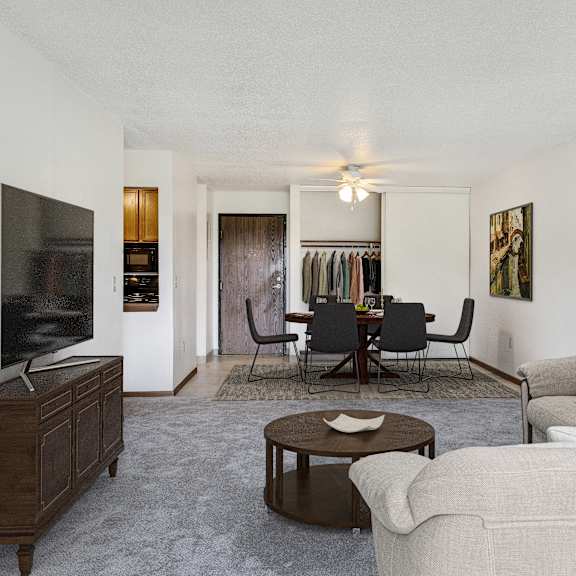 a living room with a couch and a table and a television at pheasant park apartments, new hope, mn, 55428-5401