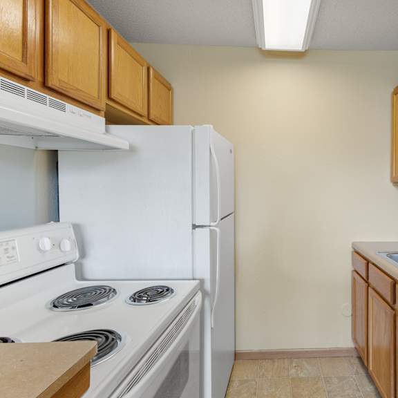 a kitchen with a white stove and a white refrigerator at ames lake neighborhood apartments, st paul, mn