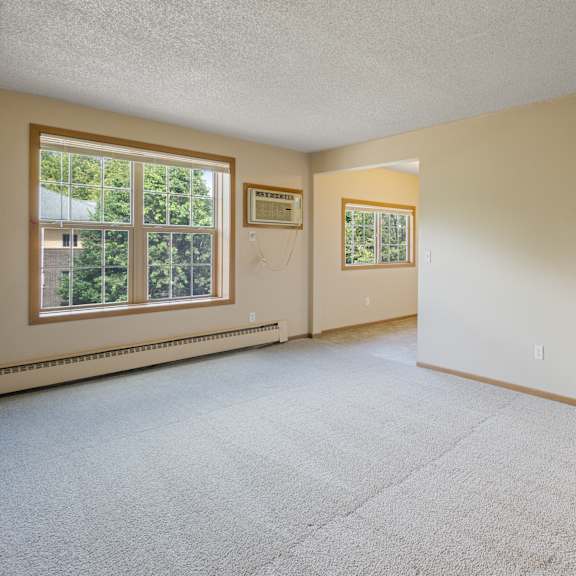 a spacious room with a carpeted floor and a door on the right side at ames lake neighborhood apartments, st paul, mn