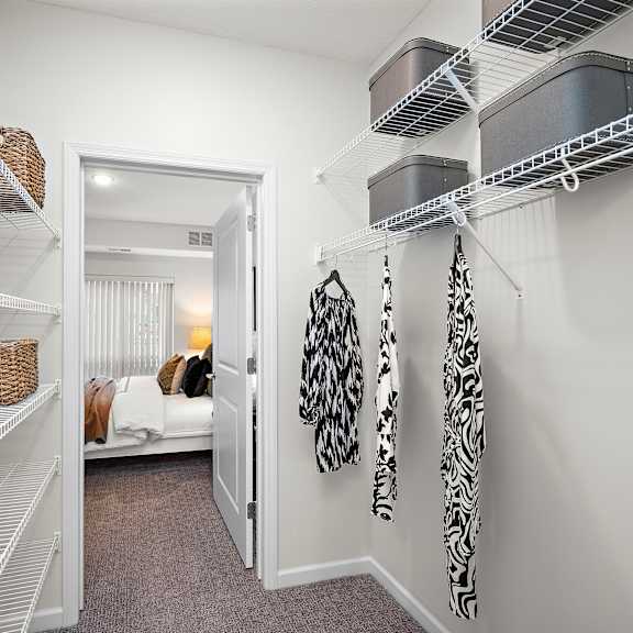 spacious walk in closets in all bedrooms at the landing at amber fields apartments, rosemount, mn, 55068