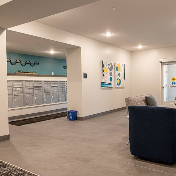 entryway overlooking mail room lockers