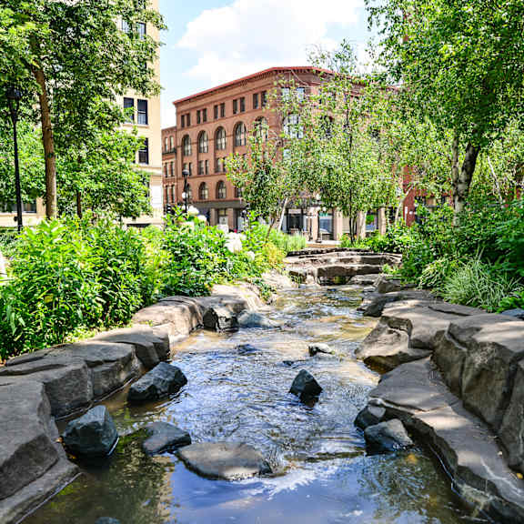 a river running through a park with rocks and trees