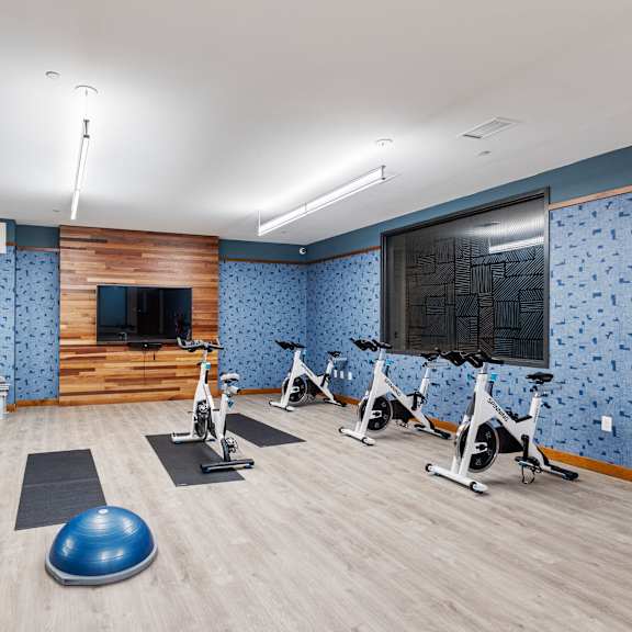 a gym with exercise equipment and a tv on the wall at press house apartments, st paul, mn, 55101