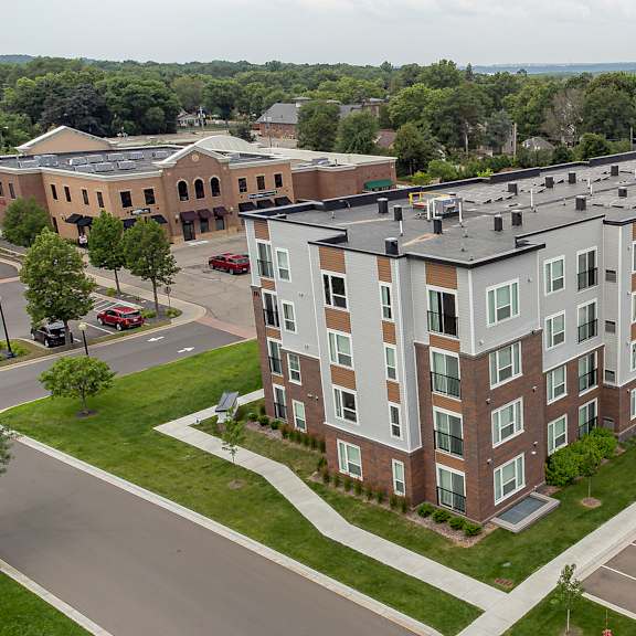 aerial view of building at the quill 55+ apartments, hastings, mn, 55033