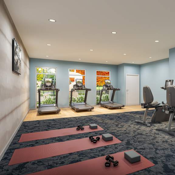 a gym with exercise equipment and yoga mats.