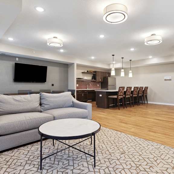 a living room with a grey couch, a coffee table, and a television.