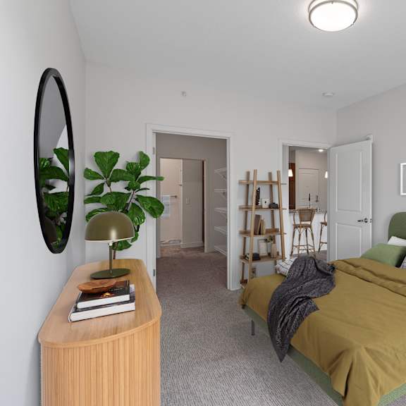 a bedroom with a green bed and a brown blanket