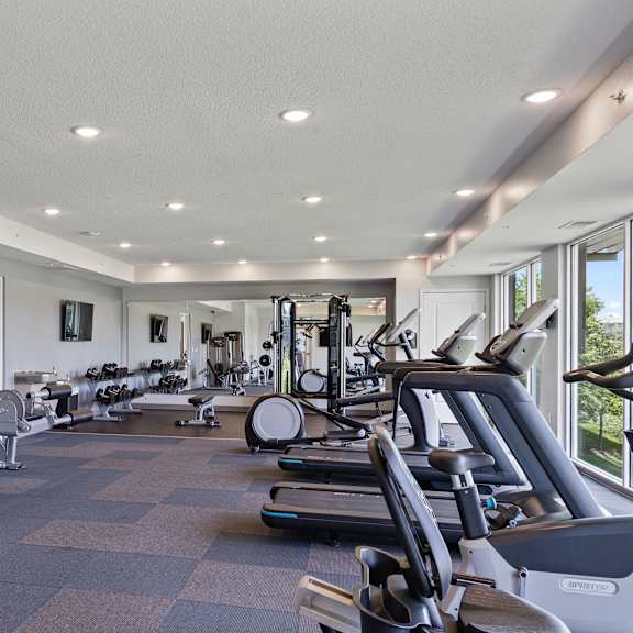 a gym with various cardio machines and weights