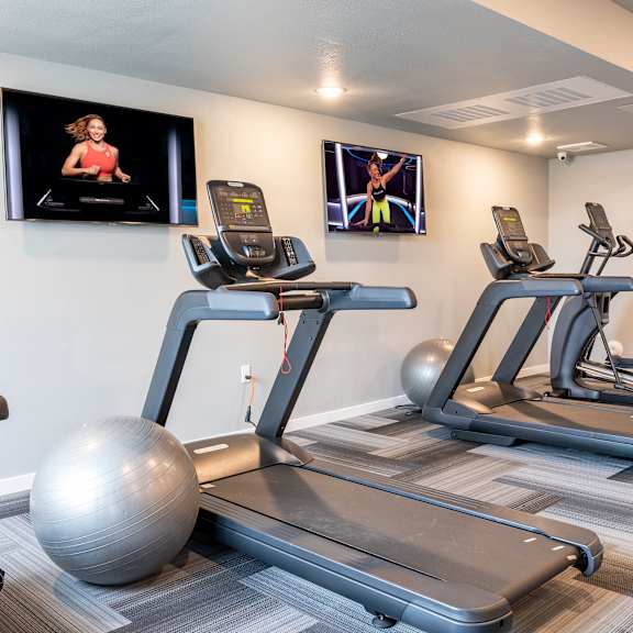 four treadmills and exercise balls in a gym with televisions on the wall at technology park apartments, rochester, mn