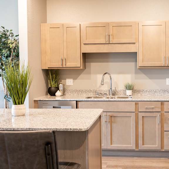 a kitchen with wooden cabinets and granite counter tops at technology park apartments, rochester