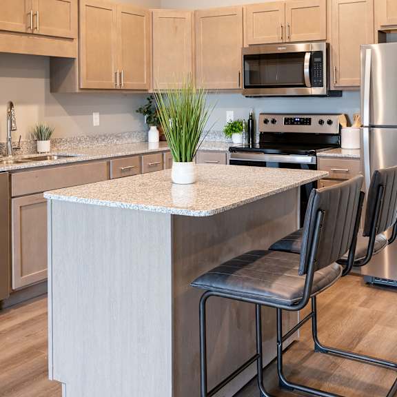 a kitchen with a large island and stainless steel appliances at technology park apartments, minnesota