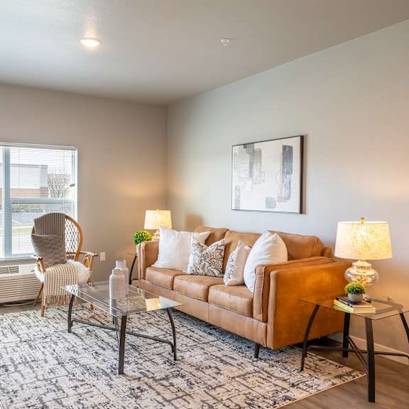 an open living room with a couch and a window at technology park apartments, minnesota, 55901