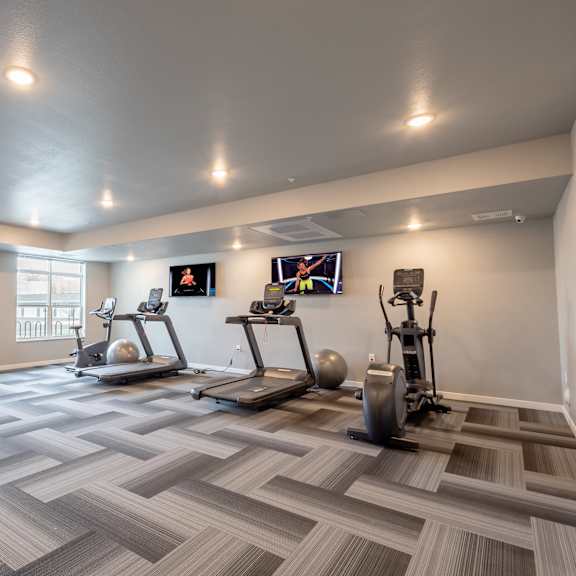 the retreat at thousand oaks fitness room with weights and cardio equipment at technology park apartments, minnesota, 55901