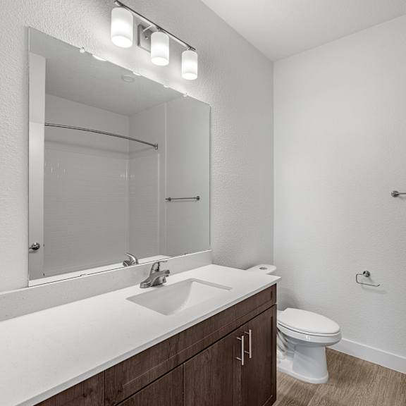a white sink with a mirror above it and a toilet in the corner.