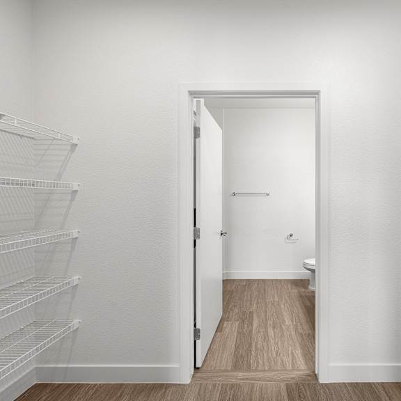 pass-thru closet with a doorway leading to another room.