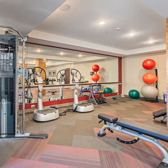 a gym with cardio equipment and weights on the floor at the winslow 62+ apartments, west st paul, 55118
