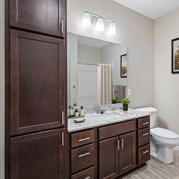 a bathroom with wooden cabinets and a toilet and a sink at the winslow 62+ apartments, west st paul, 55118