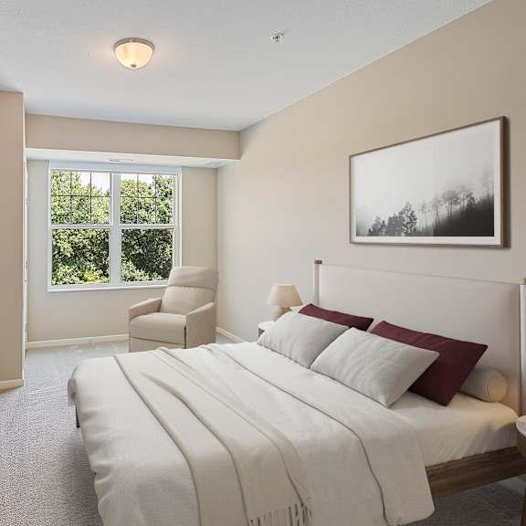 an image of a bedroom with a bed and a tv at the winslow 62+ apartments, west st paul, mn, 55118
