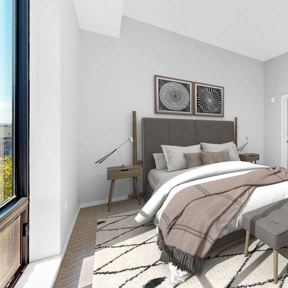Thumbnail 5 of 12 A modern bedroom with a large bed and a bench.
