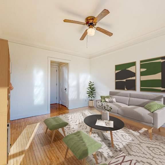 Thumbnail 1 of 3 a living room with white walls and a ceiling fan