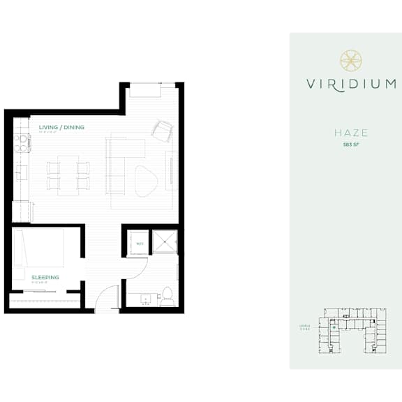 Thumbnail 1 of 6 A floor plan for a Viridium Haze apartment shows a living and dining area on the left and a sleeping area on the right.