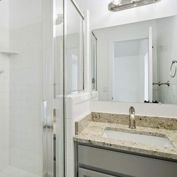 a bathroom with a sink and a shower