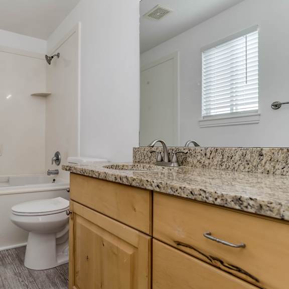 a white toilet sits in a bathroom with a marble countertop and wooden floors.
