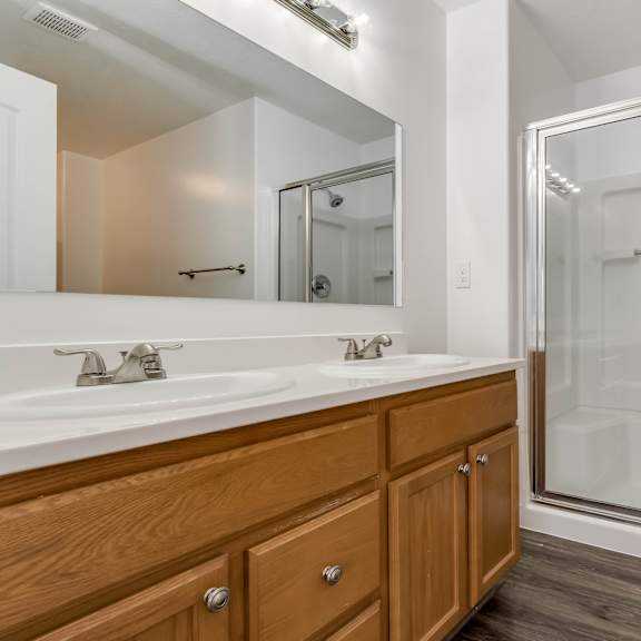 a bathroom with a shower and a sink and a mirror