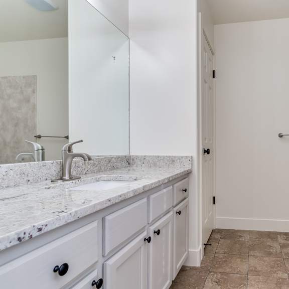 a bathroom with a marble countertop and a bathtub.
