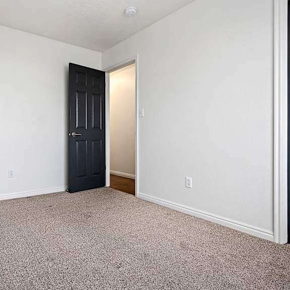 an empty room with white walls and carpet and a black door