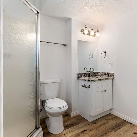a bathroom with a toilet and a sink and a shower