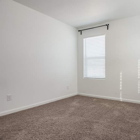 a room with a carpeted floor and a window with blinds.