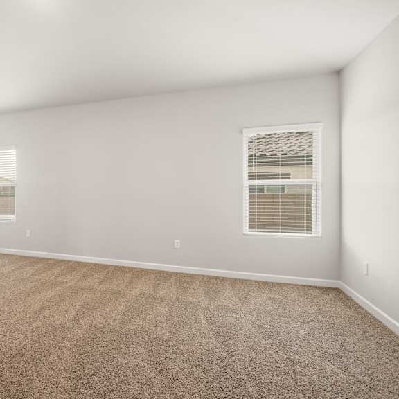 a room with carpeted floor and two windows.