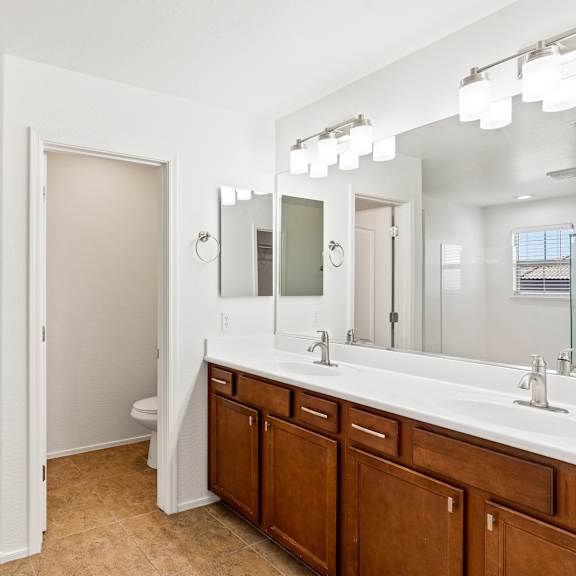 a bathroom with a sink, mirror, and wooden cabinets.