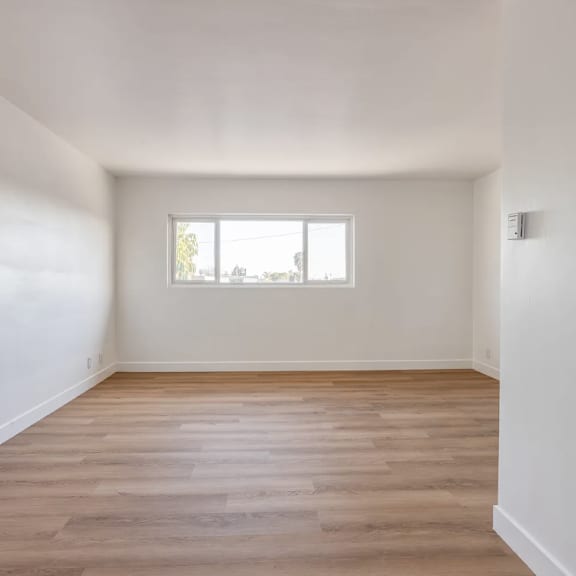 a room with wooden flooring and a window letting in light.
