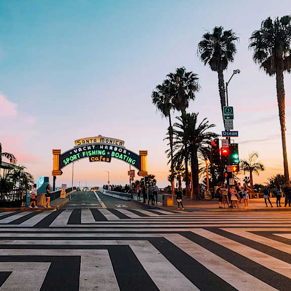 a street view of a city with a sign that reads "santa monica".