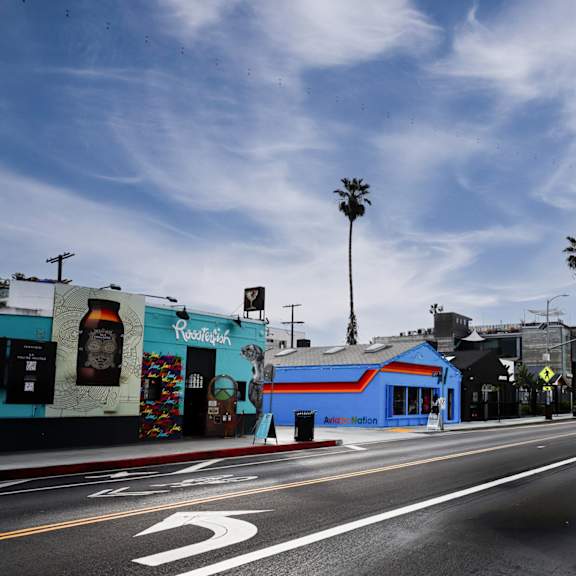 a street with a blue building on the left and palm trees on the right.