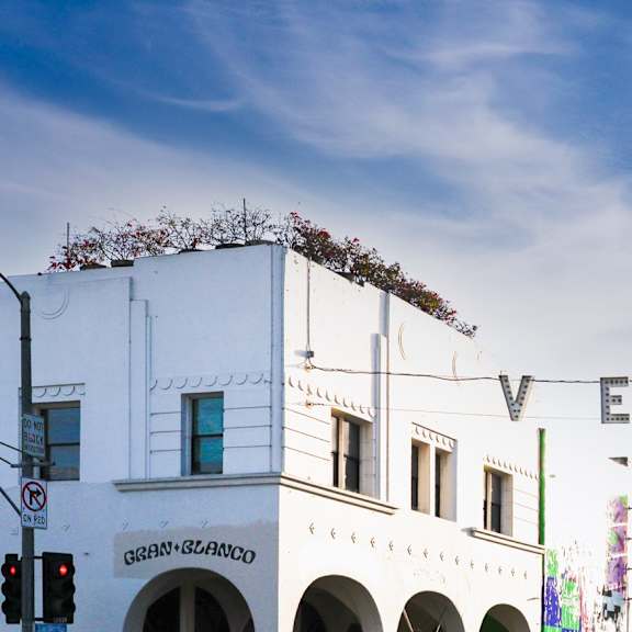 a white building with the word "venice" written on a banner across the front.