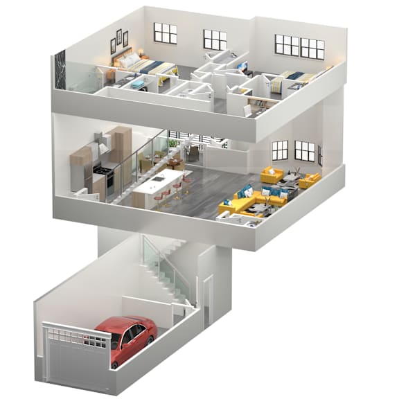 Thumbnail 1 of 2 A 3D diagram of a house with a red car in the garage at The Franklin Marlboro Apartments, New Jersey