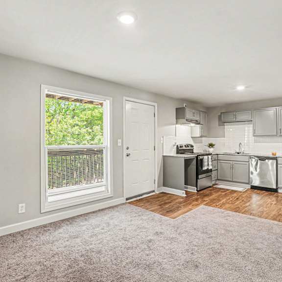 a kitchen with stainless steel appliances and a window with a view of a fence and trees.