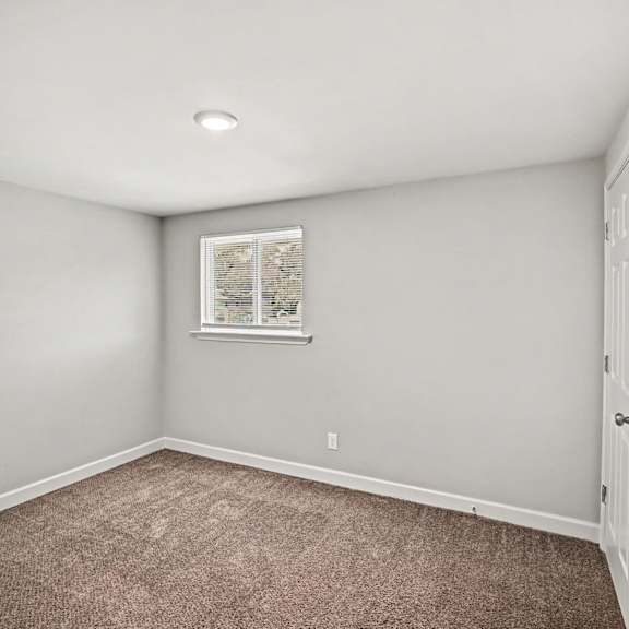 a room with a carpeted floor and a window with blinds.