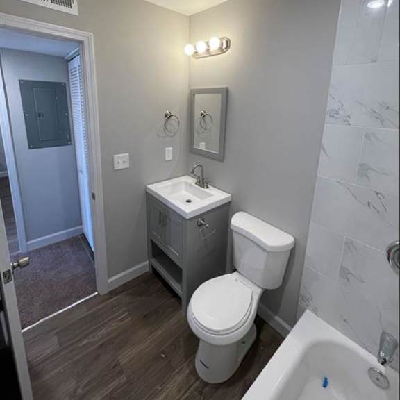 a bathroom with a toilet and a sink and a tub
