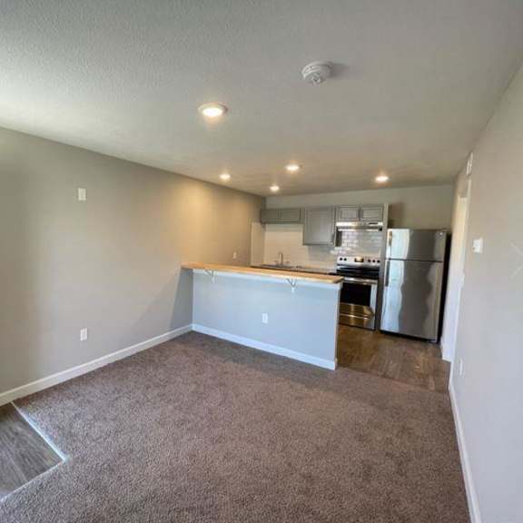 a living room view with a kitchen