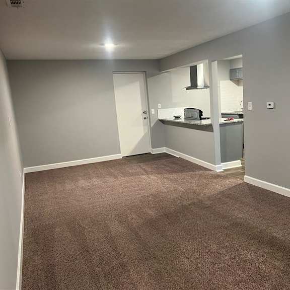 a living room with a carpet and a kitchen