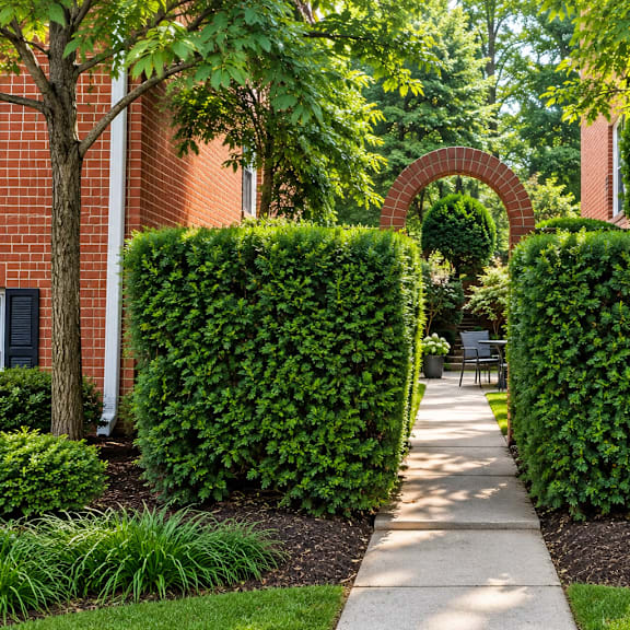 landscaped walkway with brick archway and hedges at the tuscan hills ahr llc apartments, baltimore